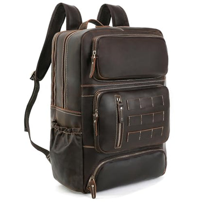 Full Grain Leather Backpack for Men, 17" Laptop Travel Rucksack, Brown | Premium Cowhide Leather, YKK Zippers, Business Trip, 32L, Ergonomic S-Straps, Water Bottle Pocket
