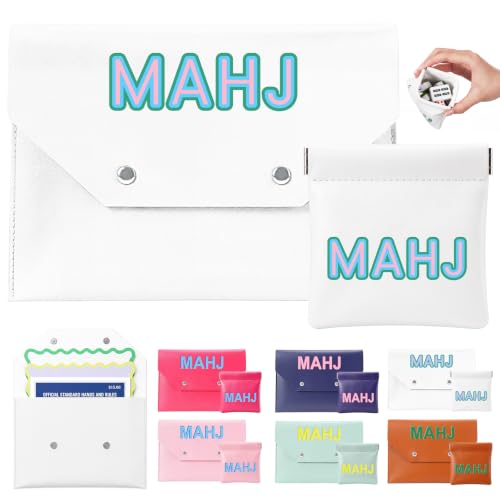 2 Pcs Leather Mahjong Card Bag Clutch Pouch Holder with PU Squeeze Dice Bag Mahjong Accessories Protector Cover Case for MAHJ Lover Playing Game Night(White) - color: White