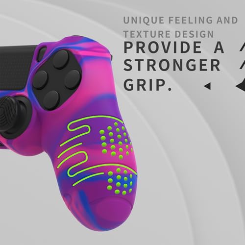 PlayVital Line & Dot Pink & Purple & Blue Silicone Cover Skin for ps4 Controller, Anti-Slip Soft Protector Case Cover with Thumb Grip Caps - color: Pink Purple Blue