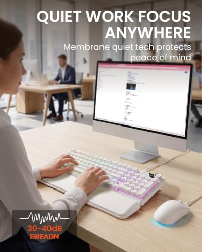 EWEADN Wired Keyboard and Mouse Combo with Detachable Wrist Rest, Quiet Ergonomic Keyboard Mouse Set with Multimedia Knob, RGB Backlit, Double-Shot Keycaps Natural Typing for Laptop, PC - White - color: White