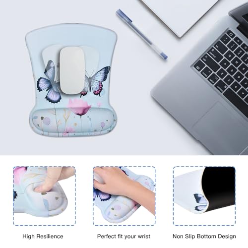 MEGREZ 4-in-1 Mouse Pad with Wrist Rest Ergonomic Memory Foam Desk Mat Set | ergonomic, anti-slip base, 4pcs set, desk pad, mouse wrist rest, keyboard rest, coaster, ideal for office & gaming - color: Green Butterfly Pink Flower