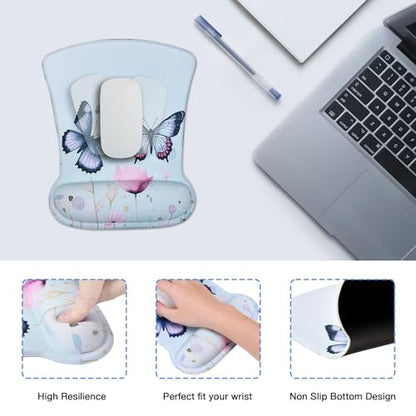 MEGREZ 4-in-1 Mouse Pad with Wrist Rest Ergonomic Memory Foam Desk Mat Set | ergonomic, anti-slip base, 4pcs set, desk pad, mouse wrist rest, keyboard rest, coaster, ideal for office & gaming - color: Green Butterfly Pink Flower