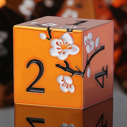 Orange Metal Dice D&D, DNDND 7 PCS Heavy Metallic DND Dice Set with Gorgeous Gift Case for Dungeons and Dragon Tabletop Game (Orange with White Flowers) - color: Flower Orange