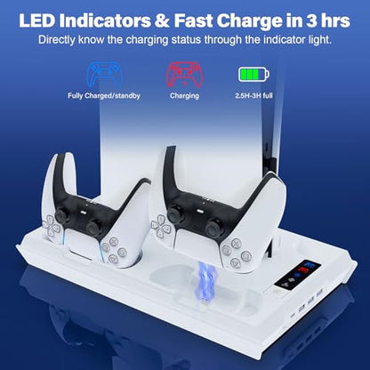 fivtek PS5 Stand with Cooling Fan & Controller Charger, All-in-One Docking Station for PS5 & PS5-Slim, 4-Port USB Hub, Headset Holder, Fast Wireless Charging for 2 Dual Controllers, White - color: White