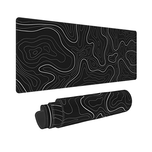 Abstract Topographic Map Black Mouse Pad Big Gaming Mouse Pad XXL Mousepad Large Keyboard Mat with Non-Slip Rubber Base Stitched Edges Mouse Mat Desk Pad for Gaming and Office - color: Black