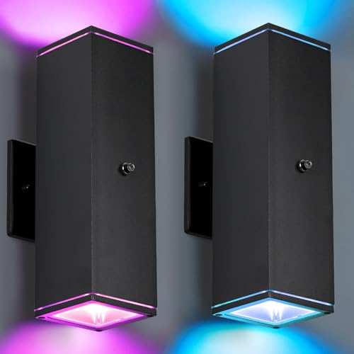 Outdoor Wall Lights 2 Pack, RGBCW Exterior Lighting Sconce,2700K-6500K Dimmable Smart Porch Lights Outdoor for House Patio Garage, Compatible with Alexa/Google Assistant, Bulb Included - color: Black-Square 1, size: 2 Pack