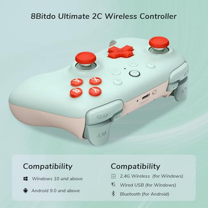 8Bitdo Ultimate 2C Wireless Controller for Windows PC & Android (Mint) | 1000Hz Polling Rate, Hall Effect Joysticks & Hall Triggers, Remappable L4/R4 Bumpers - color: Mint