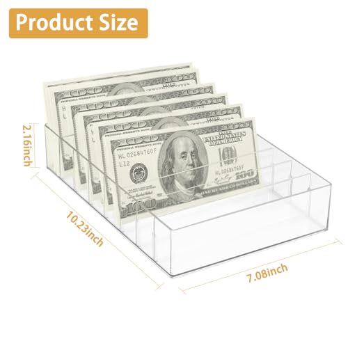 Large Clear Acrylic Cash Organizer 8 Sections Desk Tray Organizer for Money Budget Envelopes, Palette Makeup, Cables Envelope Storage