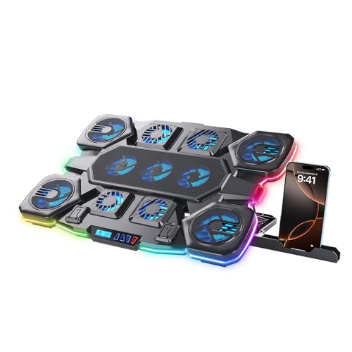 Gaming Laptop Cooling Pad - 11 High Speed Turbo Fans Ultra Quiet Laptop Cooler Stand with RGB Lights Digital Display Height Adjustable for 17 Inch Laptop