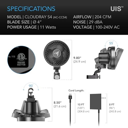 AC Infinity CLOUDRAY S4, Ultra-Compact Grow Tent Clip Fan 4” | Precision 10 Dynamic Wind Speeds, 10-Level Oscillation, IP-54 Weatherproof, High-Velocity Air Circulation for Grow Tents - size: 4", Auto Oscillation