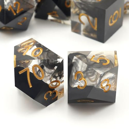 Haxtec Sharp Edge DND Dice Set, Black Swirls Resin Polyhedral RPG Dice | Dark Soul D&D for Role Playing Games, Compatible with Dungeons and Dragons, Handmade 7-Die with Metal Case, TTRPG Gifts - color: Black