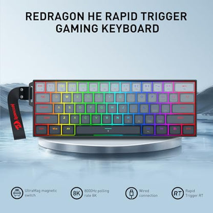 Redragon K617 HE Rapid Trigger Gaming Keyboard, 60% 61 Keys Wired Mechanical Keyboard w/Adjustable Hyper-Fast Actuation, Dedicated Hall Effect Magnetic Switch, PBT Gradient Keycap Strap Version - color: Gradient + Strap (HE Version)