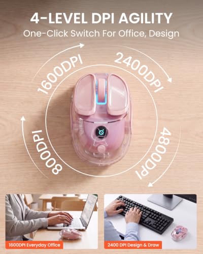 SEUNKWANG Q9 Transparent Wireless Mouse with RGB Lighting, Compact Multi-Device Bluetooth & 2.4G Computer Mouse, Rechargeable, Quiet Clicks, 4800 DPI Cute Mice for Laptop, PC, Mac, iPad - Pink - color: Pink