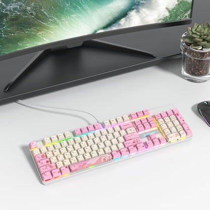 Full Size Mechanical Keyboard, Creamy Keyboard with Number Pad, 104 Keys Pink Wired Gaming Keyboard with Red Switch, RGB Backlit for PC Laptop - color: Pink