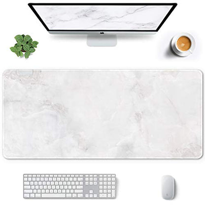 Auhoahsil Large Mouse Pad, Full Desk XXL Extended Gaming Mouse Pad 35" X 15", Waterproof Desk Mat w/Stitched Edges, Non-Slip Laptop Computer Keyboard Mousepad for Office and Home, White Marble Design - color: 51 Elegant White Marble, size: XXL - Extended