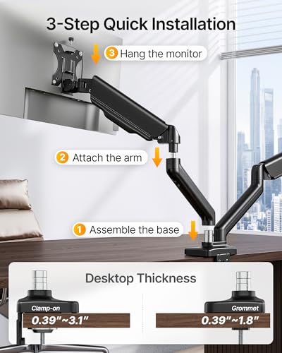 monTEK Dual Monitor Arm for 17-32" Flat/Curved Screen up to 19.8 lbs | Mechanical spring, full motion dual monitor mount, height adjustable, alloy steel, easy assembly, clamp/grommet, VESA 75/100 - size: Dual Arm