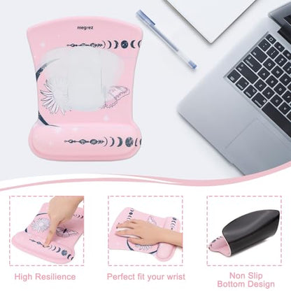 MEGREZ 4-in-1 Mouse Pad with Wrist Rest Ergonomic Memory Foam Desk Mat Set | ergonomic, anti-slip base, 4pcs set, desk pad, mouse wrist rest, keyboard rest, coaster, ideal for office & gaming - color: Cherry Blossom Pink