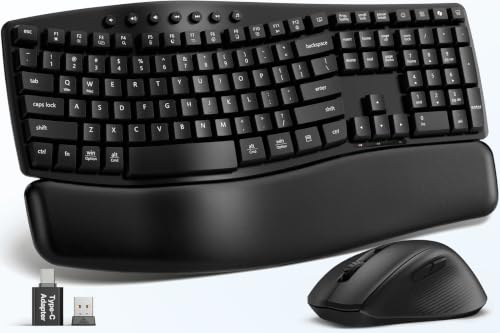 Wireless Keyboard and Mouse Combo, SABLUTE MA41 30dB Quiet Ergonomic Wave Keyboard Set with Soft Leather Palm Rest, Dual-System Switch for Windows/Mac, Ideal for Business Teams Home Office | Soft Leather Memory Foam Wrist Rest, 2.4GHz Wireless, UAB-A & US