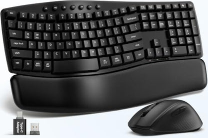 Wireless Keyboard and Mouse Combo, SABLUTE MA41 30dB Quiet Ergonomic Wave Keyboard Set with Soft Leather Palm Rest, Dual-System Switch for Windows/Mac, Ideal for Business Teams Home Office | Soft Leather Memory Foam Wrist Rest, 2.4GHz Wireless, UAB-A & US