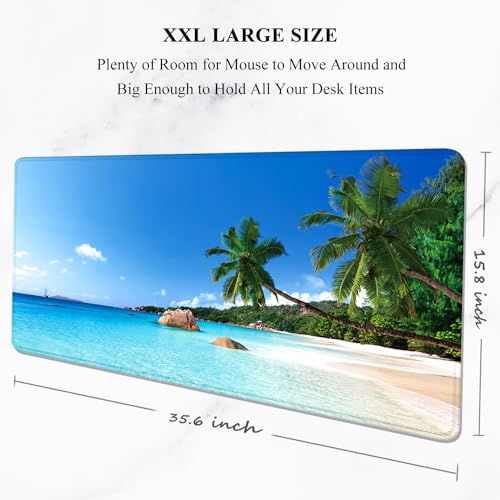 Auhoahsil Large Gaming Mouse Pad, Beach Theme XXL 35.4 x 15.7 in Desk Pad Stitched Non-Slip Rubber Long Computer Mousepad Thin Extended Full Size Desk Mat for Desktop, Laptop, Wireless Mice, Blue - color: 21 Beach and Coconut Trees, size: 35.5L x 15.7W in