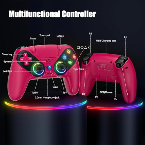 Nonbliep RGB for PS5 Controller, for PS5 Slim/Pro/PC, Wireless for Playstation 5 Controller with Dual Vibration/Macro/Turbo/3.5mm Audio Jack/Speaker/6-Axis Motion Control - color: pink