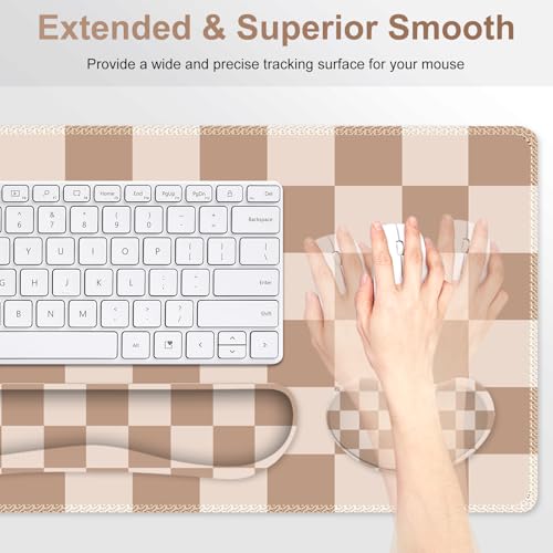 Beige Khaki Checkered Mouse Pad Set, 4 in1 Large Gaming Ergonomics Keyboard Desk Mat with Memory Foam Wrist Rest, Extended Game Mousepad, Non-Slip Desk Pad Matt Easy Typing Pain Relief - color: Beige Khaki Checkered