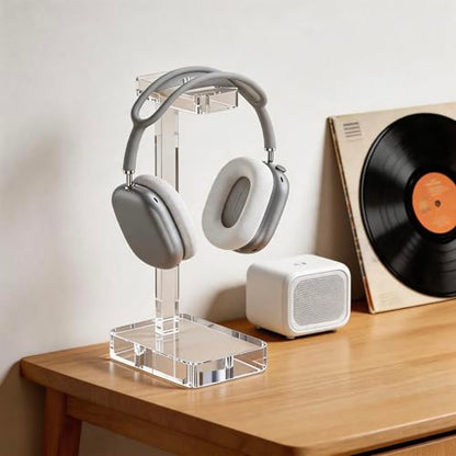 Clear Acrylic Headphone Stand for Desk, Solid One-Piece Headset Holder, Stable Non-Slip Base, Universal Headphone Hanger for Gaming Setup, Office Desk & Home Organization - color: Clear