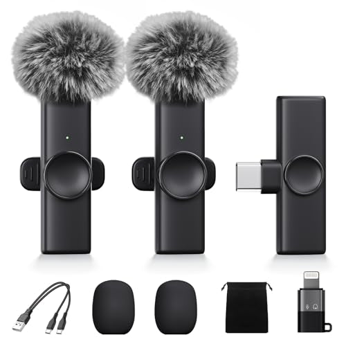 2 Pack Wireless Lavalier Microphone for iPhone iPad Android, Plug & Play Lapel Mic with Noise Reduction, Professional Mini Mic for Video Recording, YouTube TikTok Vlog Podcast Interview Livestream