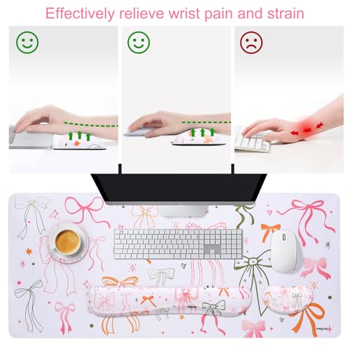 MEGREZ 4-in-1 Mouse Pad with Wrist Rest Ergonomic Memory Foam Desk Mat Set | ergonomic, anti-slip base, 4pcs set, desk pad, mouse wrist rest, keyboard rest, coaster, ideal for office & gaming - color: Bow