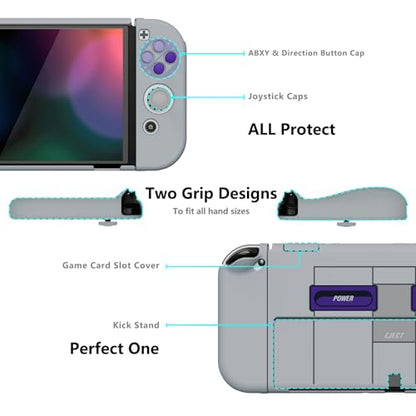 PlayVital AlterGrips Protective Slim Case for Nintendo Switch OLED, Ergonomic Grip Cover for Joycon, Dockable Hard Shell for Switch OLED w/Thumb Grip Caps & Button Caps - color: Classics SNES Style