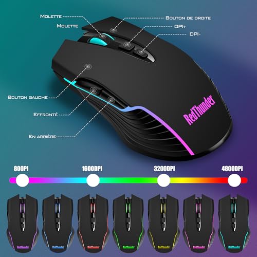 RedThunder K10 Wireless Gaming Keyboard and Mouse Combo, RGB Backlight Rechargeable 3800mAh Battery, 26-Key Anti-ghosting Keyboard + 7D 3200DPI Mice for PC Gamer - color: Black RGB
