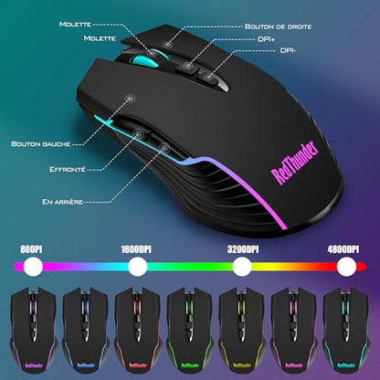 RedThunder K10 Wireless Gaming Keyboard and Mouse Combo, RGB Backlight Rechargeable 3800mAh Battery, 26-Key Anti-ghosting Keyboard + 7D 3200DPI Mice for PC Gamer - color: Black RGB