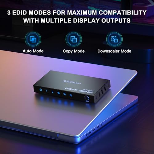 HDMI Splitter 1 in 2 Out 8K 60Hz 4:4:4, AVIDGRAM 2 Port Splitter with Auto, Copy, Downscaler EDID Mode, 4K 120Hz HDMI Duplicator, Compatible with Xbox Series X, PS4 Pro, PS5, Blu-ray Player - size: 8K 60Hz HDMI Splitter 1 in 2 Out