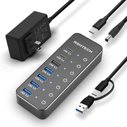 RSHTECH 7-Port Powered USB 3.2/USB C Hub with 10Gbps USB-A 3.2, 2 USB-C 3.2, 4 USB 3.0 Ports, Individual Touch Switches, 3.3ft Cable and 5V Power Adapter, USB Hub Splitter for Laptop/PC, RSH-ST07C - size: 7-Port Powered USB Hub