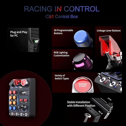 PXN CB1 Racing Button Box USB PC Racing Simulator Center Control Button Box | Multifunctional PC Sim Instrument Control Button Box for Windows PC, With 30 Programmable Buttons and Adjustable RGB Lighting