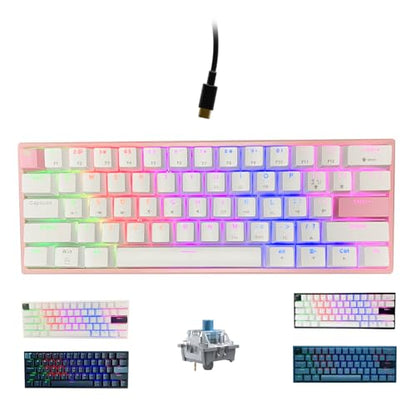 ONE-UP Portable 60% Mechanical Gaming Keyboard LED Backlit Compact 61 Keys Mini Wired Office Keyboard with Blue Switch PBT Keycaps for Windows Laptop PC Mac.（White/Pink） - color: Pink/White