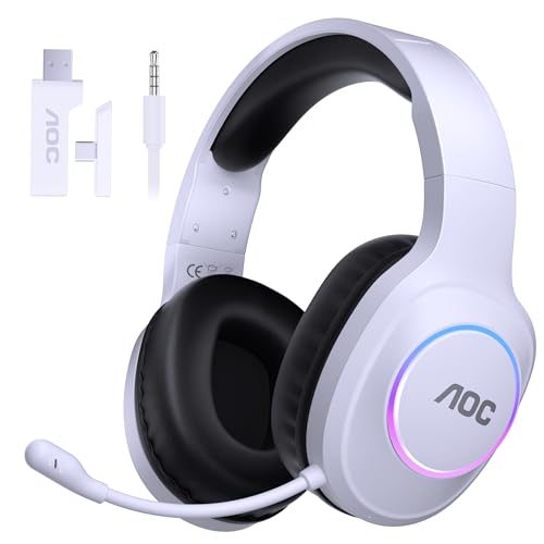 AOC Wireless Gaming Headset Compatible with PS5/4, Switch, PC- White | USB-C & Bluetooth 5.4 & 2.4GHz Gaming Headphones with Noise Canceling Mic, 7.1 Virtual Surround, 20ms Latency, 45H, RGB - color: White