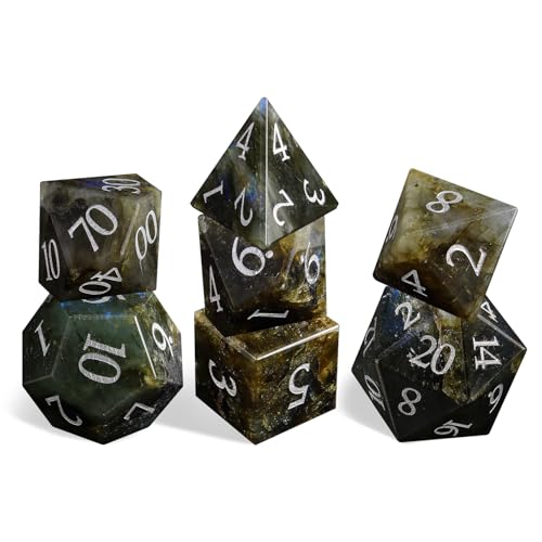 LUCKY-M Labradorite Gemstone DND Dice Set, 7 PCS Dungeons and Dragons Dice with Case for RPG, Unique Stone Dice Set D&D D4 D6 D8 D10 D00 D12 D20(LD-Silver) - color: Ld-silver