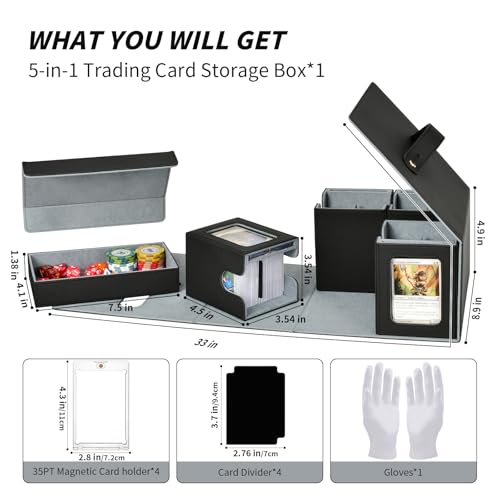 Commander Deck Box for MTG, Trading Card Storage Box Holds 400+ Double-Sleeved Cards, 5 IN 1 Removable Card Case with Dice Tray, Display Window with Magnetic Card Holders for TCG/CCG (Black Grey) - color: 5-IN-1-Black Grey