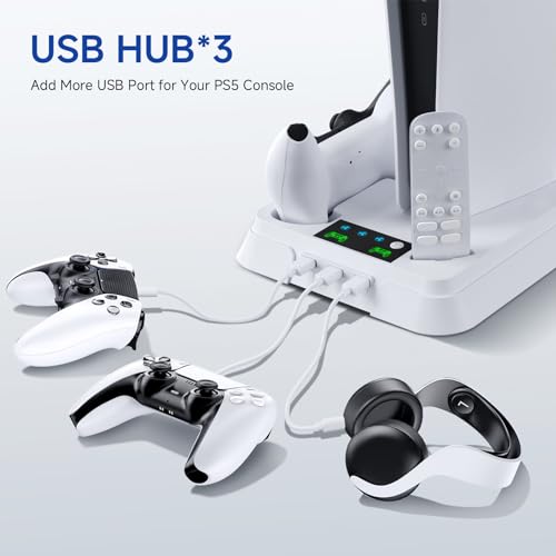 PS5/Slim/Pro Stand for PlayStation 5 Disc & Digital Console, PS5 Cooling & Charging Station, PS5 Controller Charger Incl.3 Level Fan,Headset, PS5/Slim/Pro Accessories Comes 3 USB Ports - color: White-1
