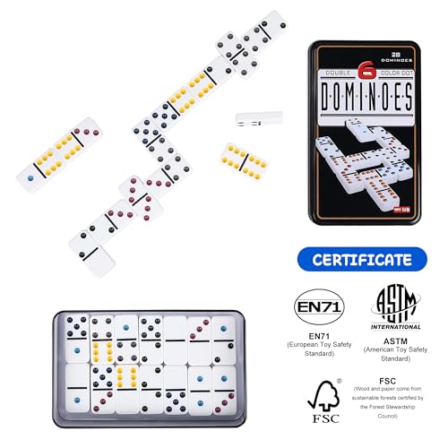 Offelec Double Six Dominoes Set | 28 Domino Tiles Double 6 Dominos with Storage Tin | Classic Family Game for Kids & Adults | Ideal for Travel, Game Nights & Educational Fun | 2-4 Players - color: Double 6 Dominoes