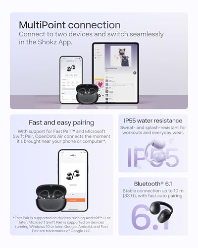 SHOKZ OpenDots Air Open-Ear Clip-On Bluetooth Earbuds, Black, Touch Control | Bluetooth 6.1, 36 hours. Battery, IP55, deep bass, clear calls, secure fit, work and sports - color: Black