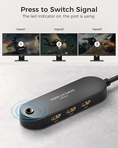 HDMI 스위치 4K@60Hz, vilcome 4K HDMI 스플리터 3 in 1 출력, 3 포트 Hdmi 스위처 박스, UHD 3D HDR 지원, Xbox PS3 4 5 TV 게이밍 Roku HDTV 파이어 스틱용 멀티 포트 HDMI 허브 셀렉터 - color: 3.8m(1.25피트) 케이블