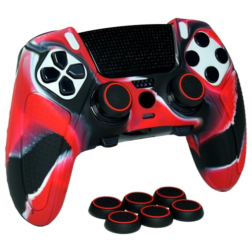 Red Black Anti-Slip Controller Skin,Studded Edition Protective Silicone Cover Skin Grips Compatible with ps5 dualsense EDG and 6 PCS Thumb Grips Caps. - color: Red Black