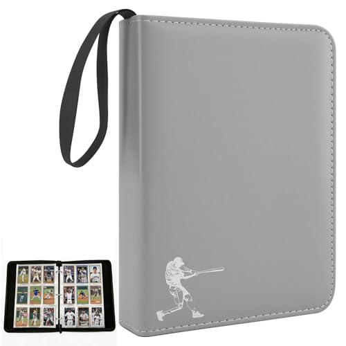 PU Leather Baseball Card Binder,Double Sided Grey Card Binder 9 Pocket Holds 900 Cards,50 Removable Sleeves Baseball Cards Binder,3 Ring Zipper Holder Sports Cards Collection for TCG, MTG - color: Gray, size: Large