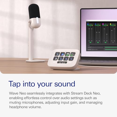 Elgato Wave Neo USB Condenser Microphone, Tap to Mute | High-rise stand design, LED mute indicator, Zero-delay headphone monitoring, Plug and play, Zero-plastic packaging