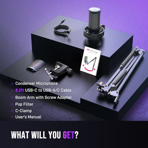 FIFINE AmpliGame A8T USB Gaming Microphone, PC Condenser Mic with Boom Arm | Quick Mute, Gain Knob, RGB Control, Headphone Jack, for PC/PS5 Streaming Discord Twitch Recording Podcasts YouTube, Metal - size: A8T-Boom Arm