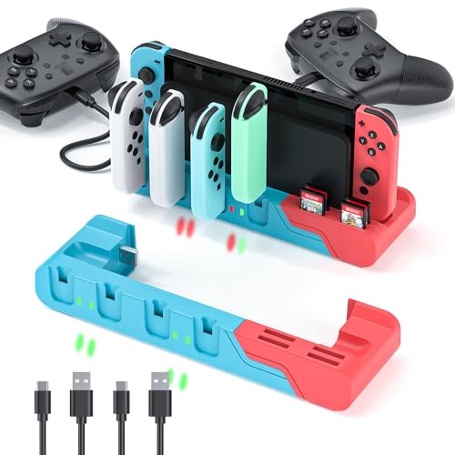 Switch Controller Charging Dock Compatible With Nintendo Switch & Switch OLED Model Joycons, Charging Station For Up To 6pcs Joycon With Game Card Storage (Red+Blue) - color: Red＆Blue