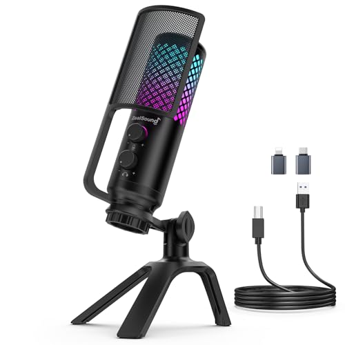 ZealSound Podcast Microphone for PC/Mac/iPhone/Phone – 96kHz/24bit USB Condenser Mic with Noise Reduction, Tap-to-Mute, Gain Control, Zero-Latency Monitor, RGB Light for Streaming, Gaming, Recording - color: Black