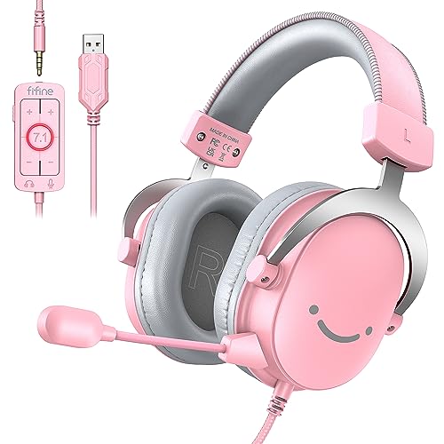 FIFINE USB Gaming Headset, PC Over-Ear Wired Streaming Headset with 3.5mm Jack, Detachable Microphone, 7.1 Surround Sound, Control Box, Passive Noise Cancellation, for PS5/Xbox/Switch-H9 Pink - color: Pink